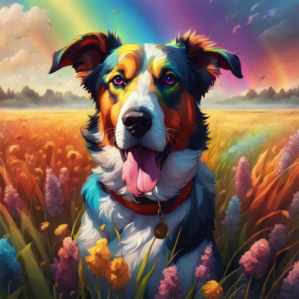 Dog Portrait with Rainbow Smoke, Hyperdetailed Art