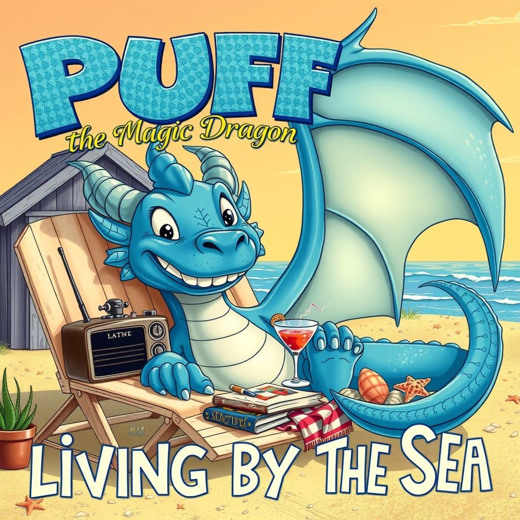 Double exposure. Acute, goofy, toothy grin spreads across the face of a cartoon SLATE BLUE dragon, its pointed middle to...