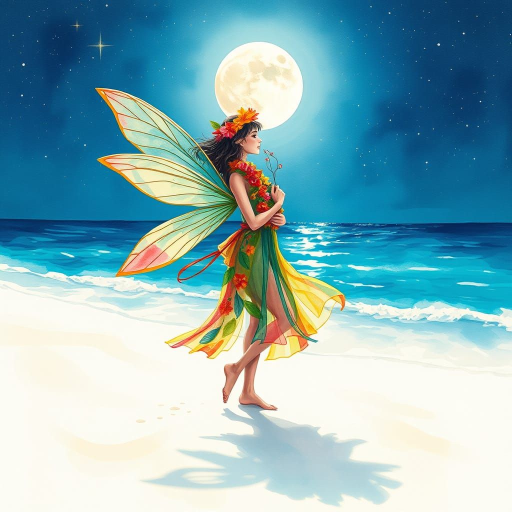 Whimsical Fairy on a Moonlit Beach in Vibrant Hawaiian Attir...