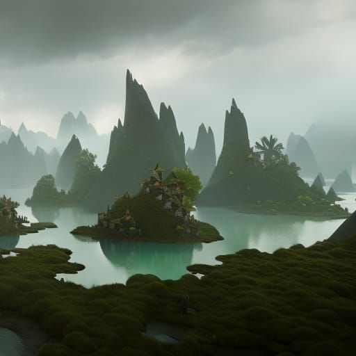 Cloaked Figure in Floating Island Landscape