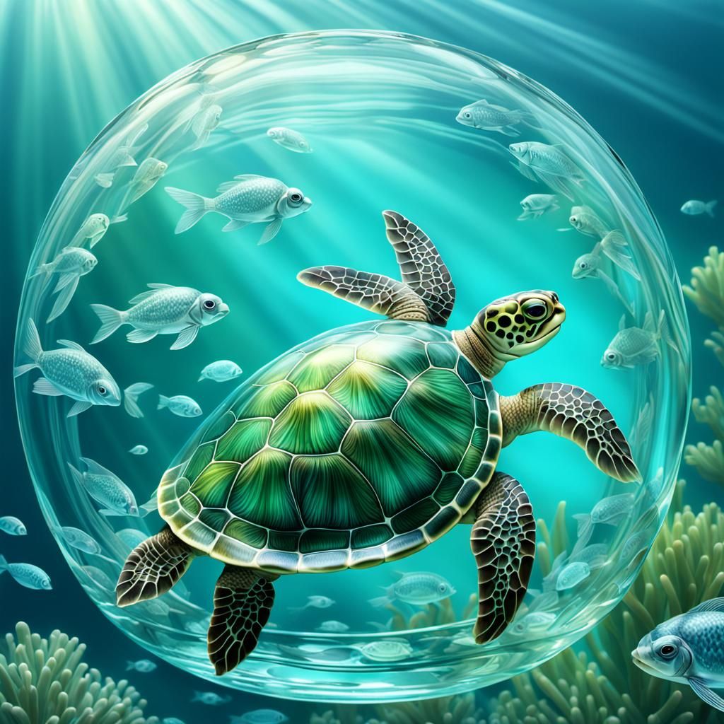 Glass Turtle and Fish in Hyper-Realistic Digital Art