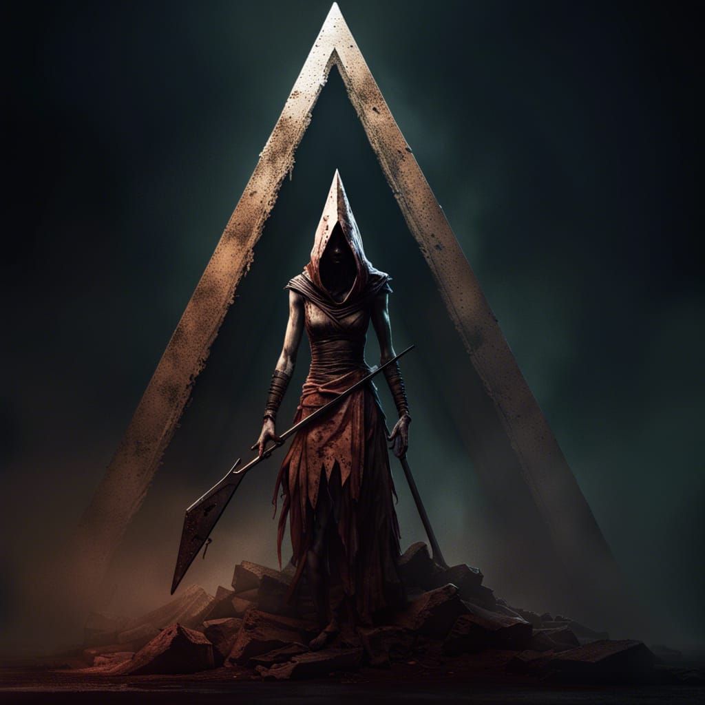 Eerie Female Pyramid Head Illustration in Dark Fantasy Style