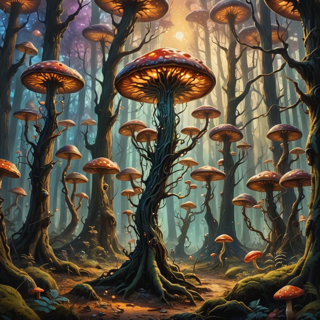Alien Creature in a Surreal Forest Painting