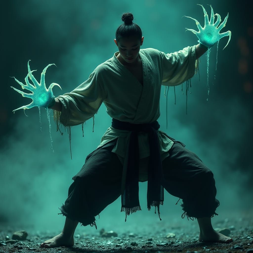 Martial Artist in Alien-Goo Covered Stance, Sci-Fi Wuxia Sty...