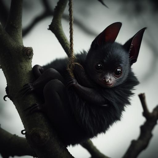 Hyperrealistic Baby Bat Hanging on a Tree