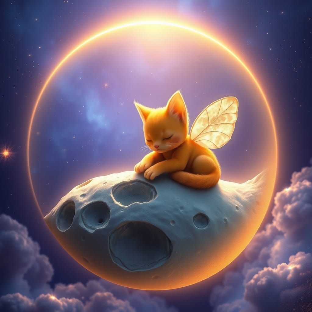 Surreal Feline-Tangerine Hybrid Snoozes on Crescent Moon