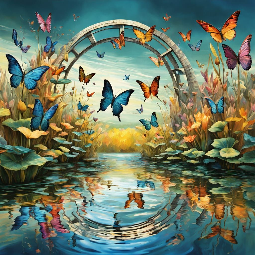 Dreamlike Water Wheel of Life Cycles in Vibrant Surrealism