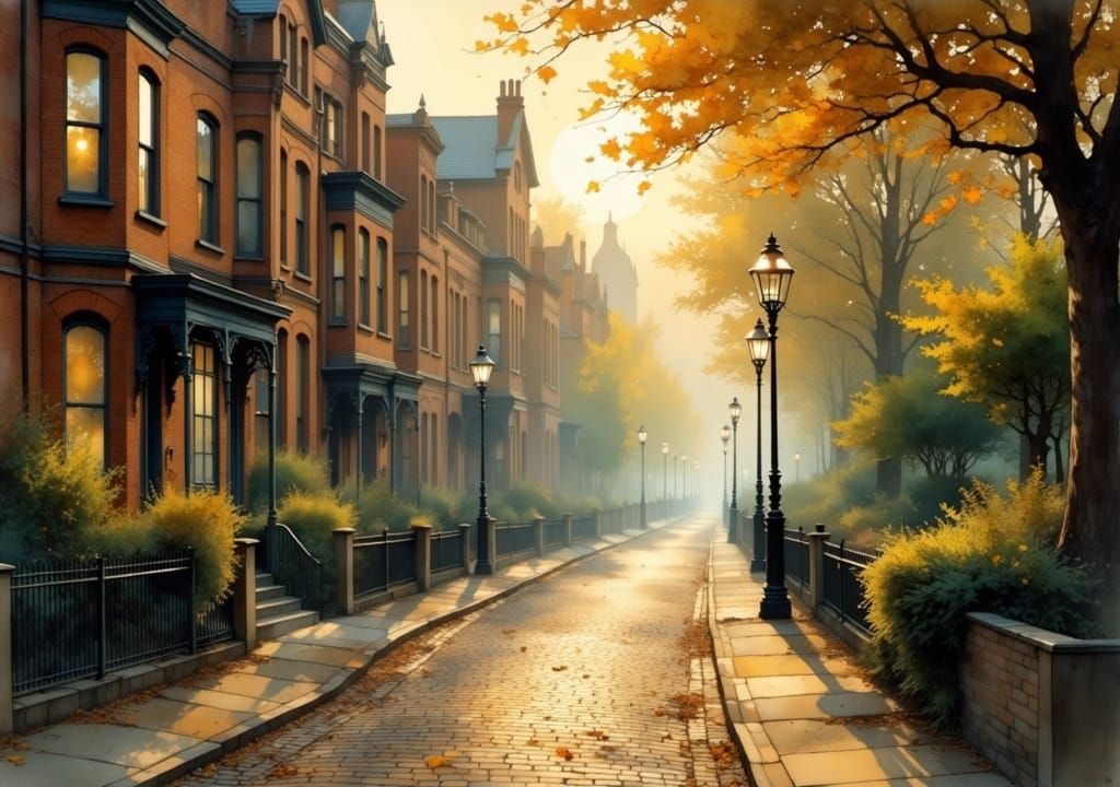 Victorian Street Scene with Golden Light