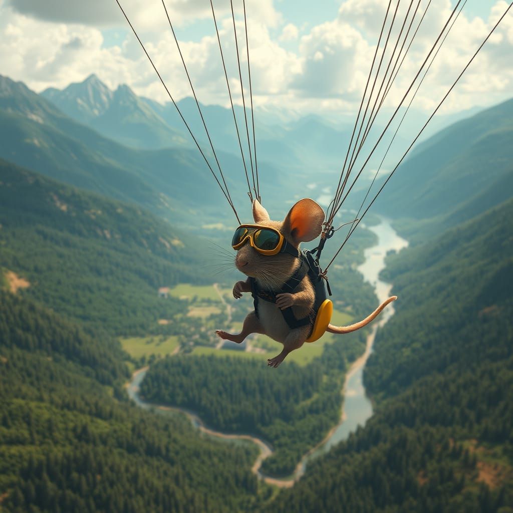 Mouse Para-Sailing Over Valley: Hyperrealistic Digital Art