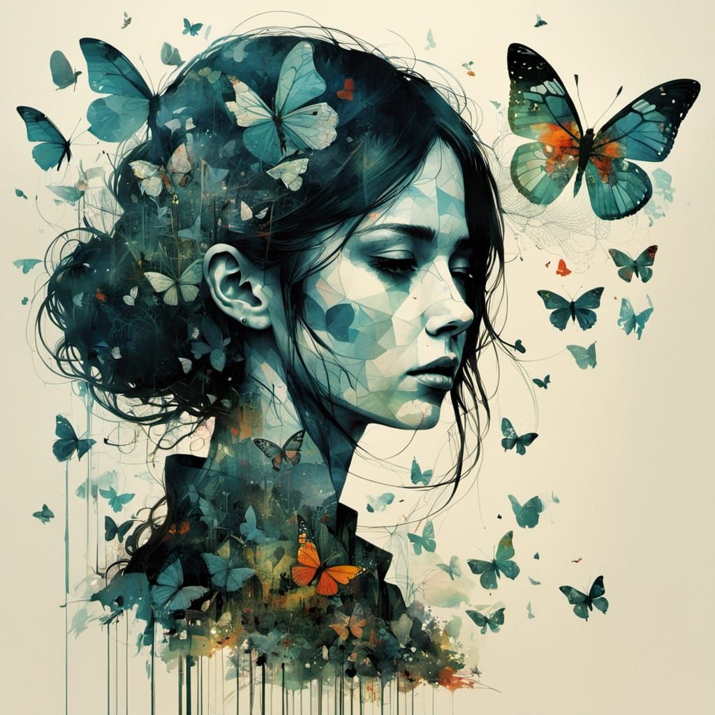 Woman's Silhouette with Butterflies in Meadow, Double Exposu...