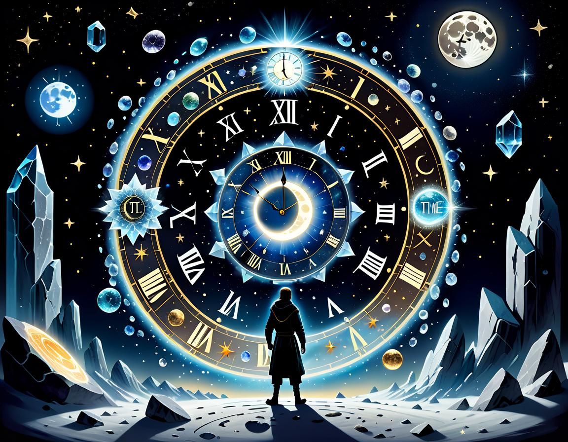 Characters Manipulating Time Surrounded by Celestial Element...