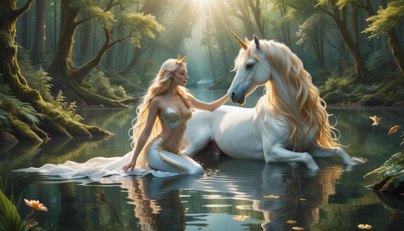 Unicorn and Mermaid in Forest Clearing Matte Painting