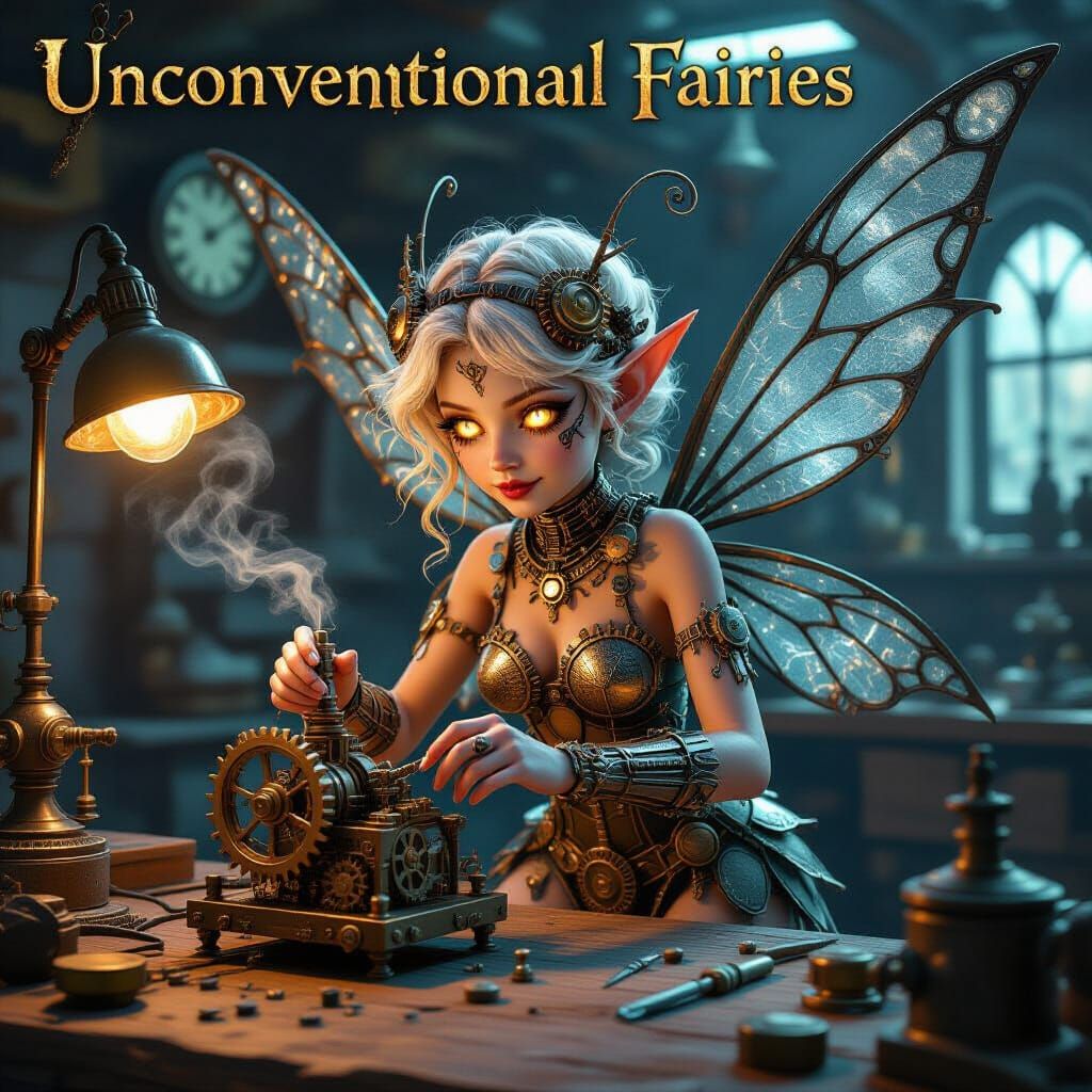 Steampunk Mechanic Fairy in Workshop, Hyperdetailed Art