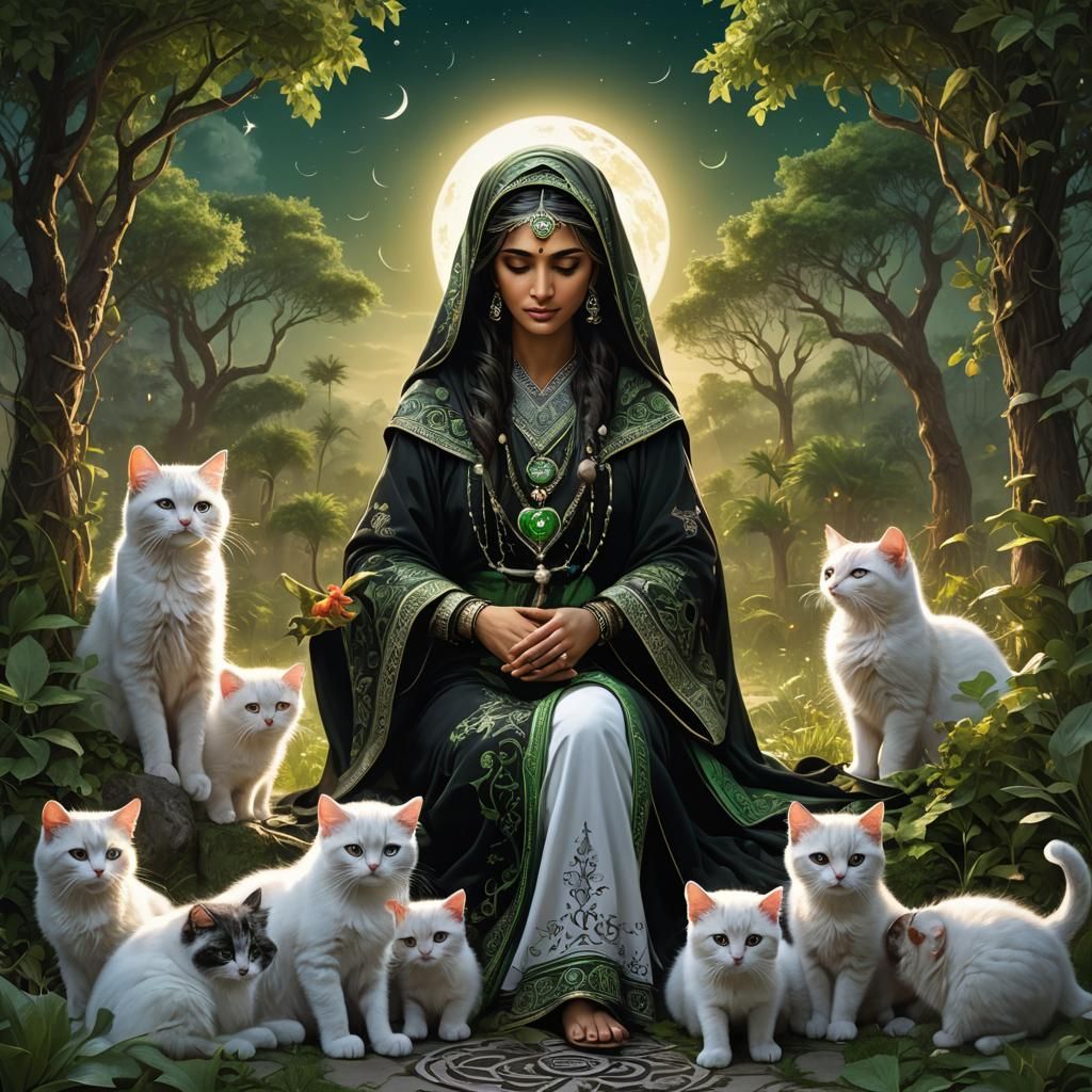 Sufi Woman, Kittens, and Sunrise in Matte Painting