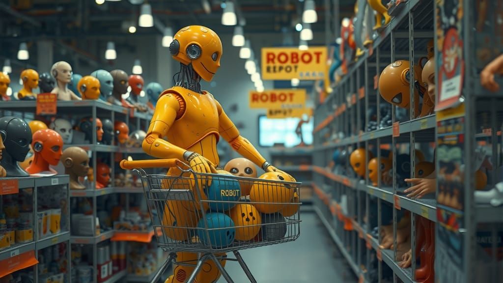 Robot Shopping for Spare Heads as Gouache Painting