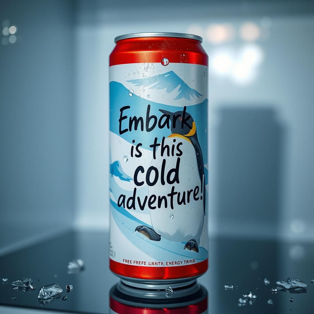 view of a can of energy drink with the packaging of a pengui...