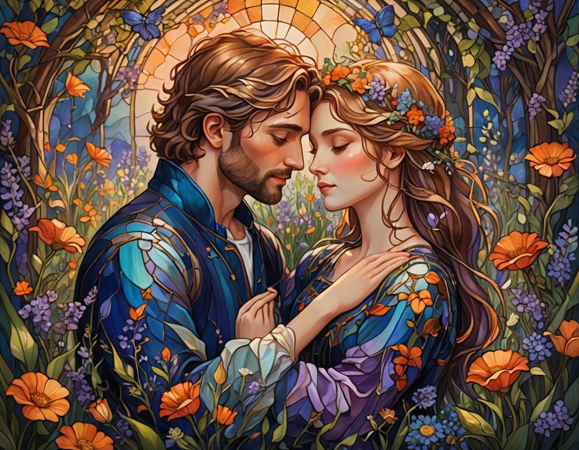 Romantic Couple Embrace in Lush Meadow, Fantasy Art