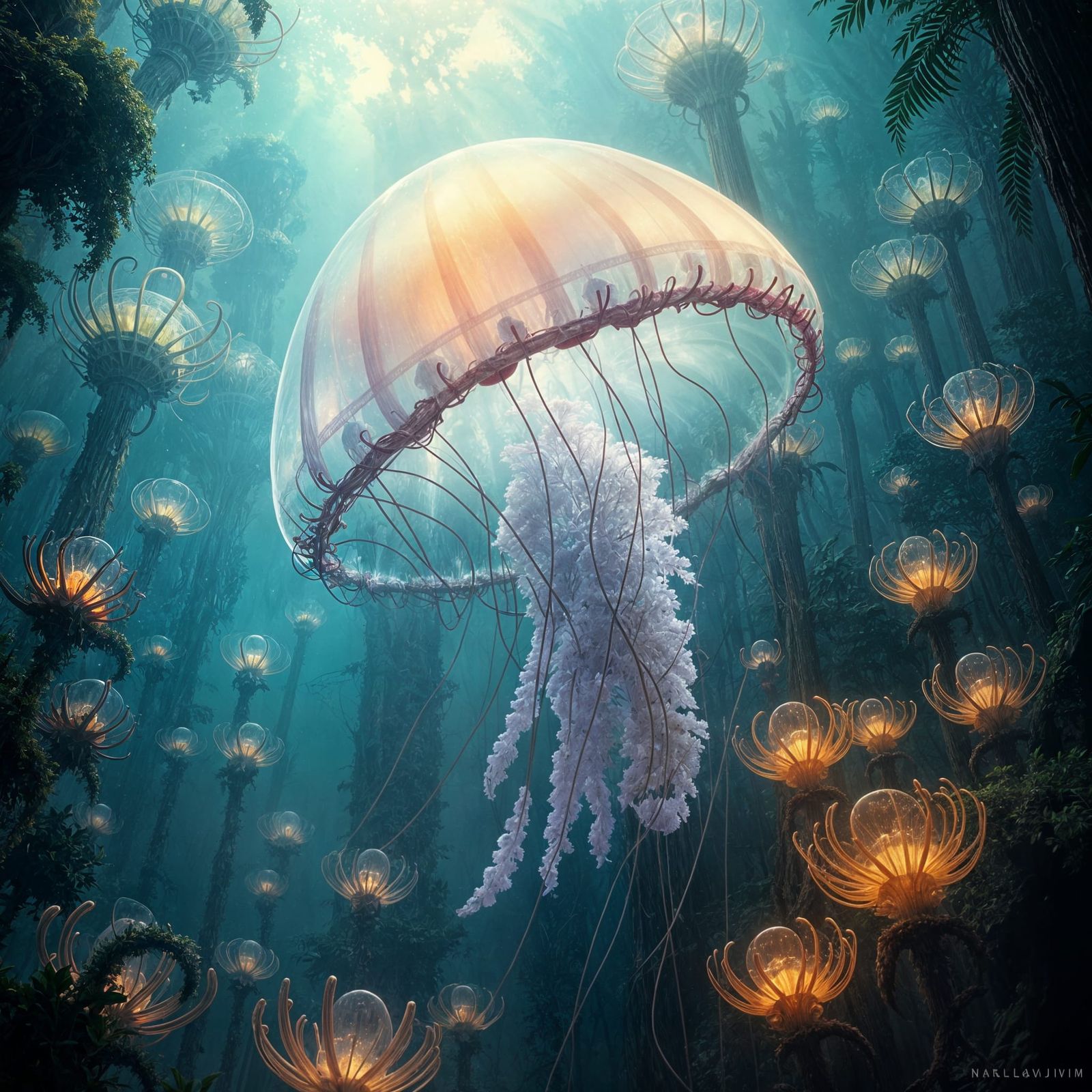 Bioluminescent Jellyfish Drifting Through Alien Jungle