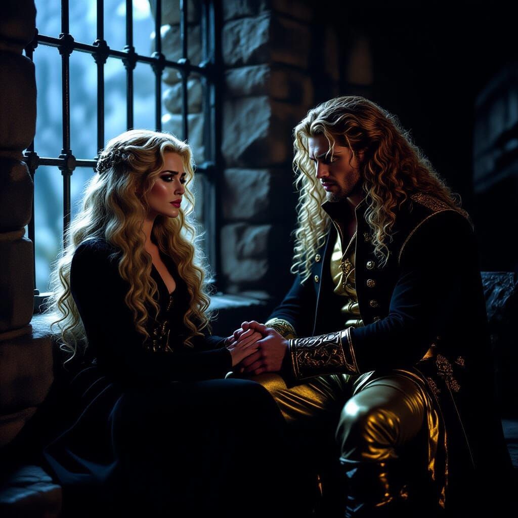 Sad Couple in Castle Chamber - Dark Fantasy Film Still