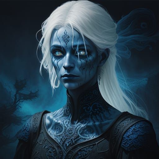 Spectral Banshee with Blue Tattoos in Dark Fantasy Art