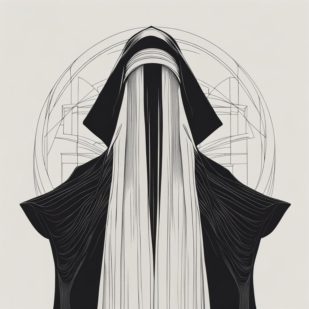 Cultist Portrait in Black Robes: Minimal Line Art