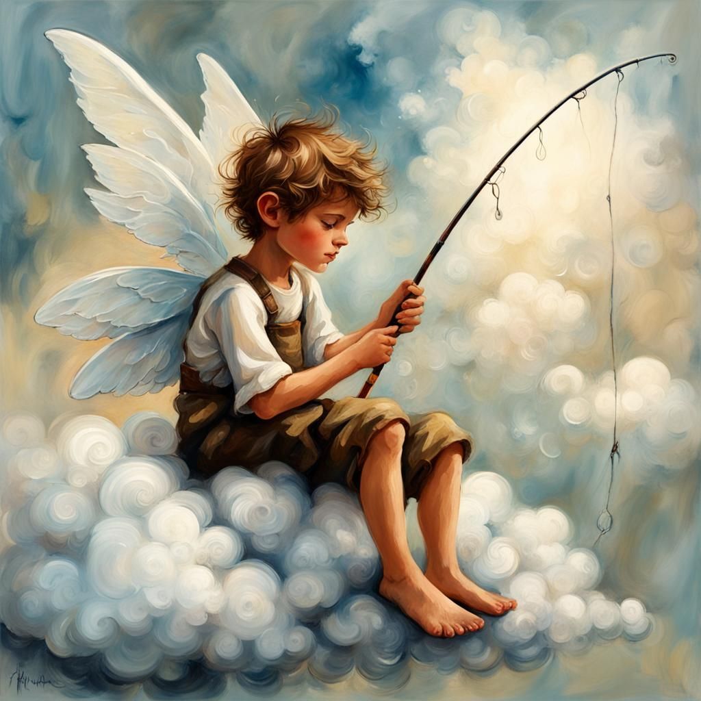 Fairy Angel Fishing for Dreams: Impasto Oil Painting