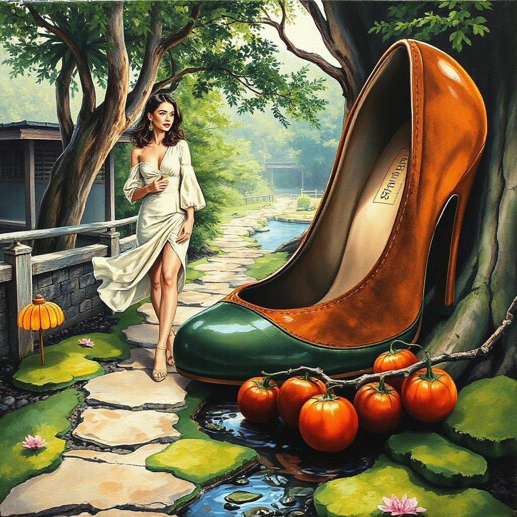 Fashionista in a Zen Garden Shoe, Gouache Impasto