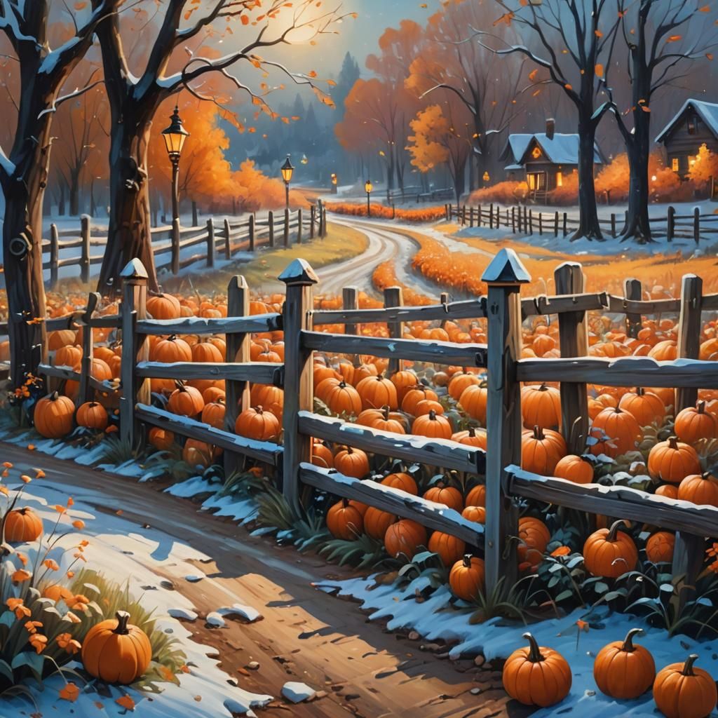 Whimsical Autumnal Landscape with Snow, Oil Painting Style