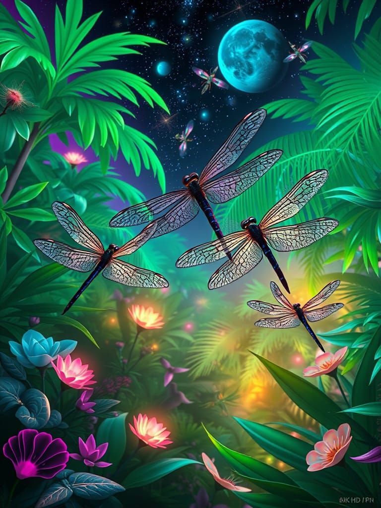 Giant Dragonflies in a Surreal Neon Garden