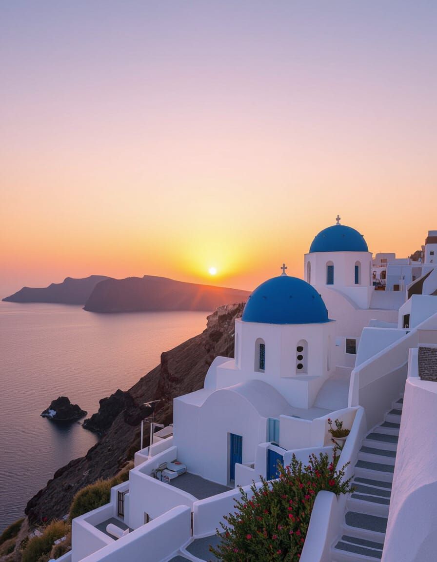 Serene Santorini Sunset Over Blue Domed Chapel