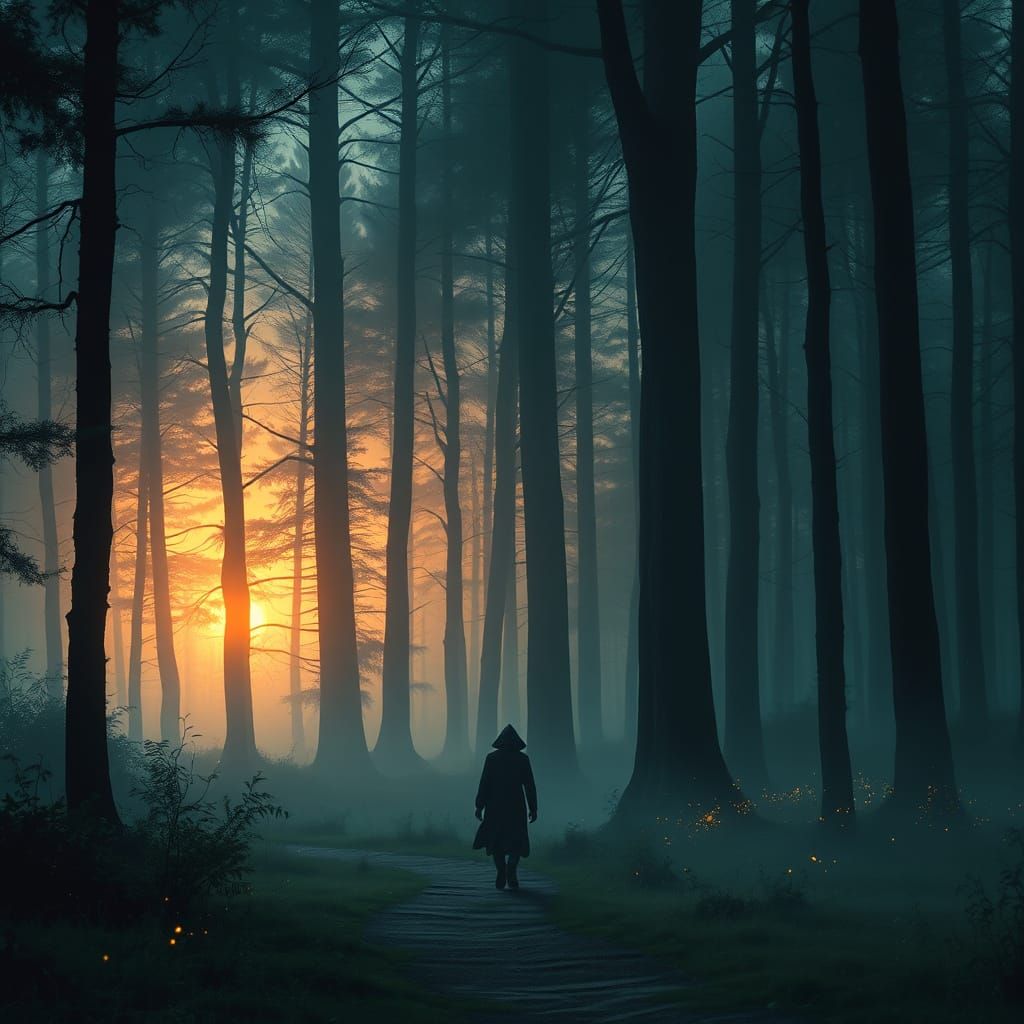 Mystical Figure in Misty Forest Twilight