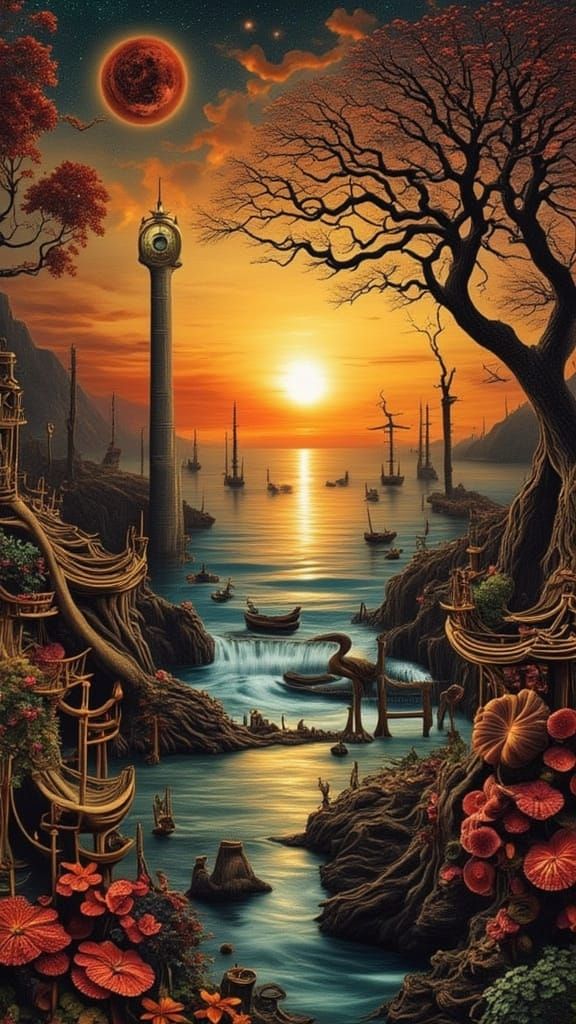 Surreal Paper Zen Garden with Heron and Divine Hand