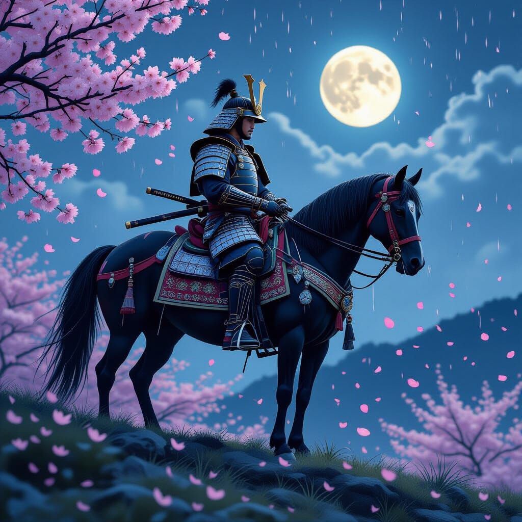 Samurai on Horseback in Rainy Cherry Blossom Night