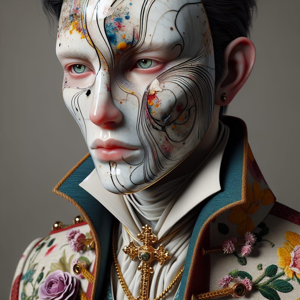 A striking figure with a porcelain-like mask
