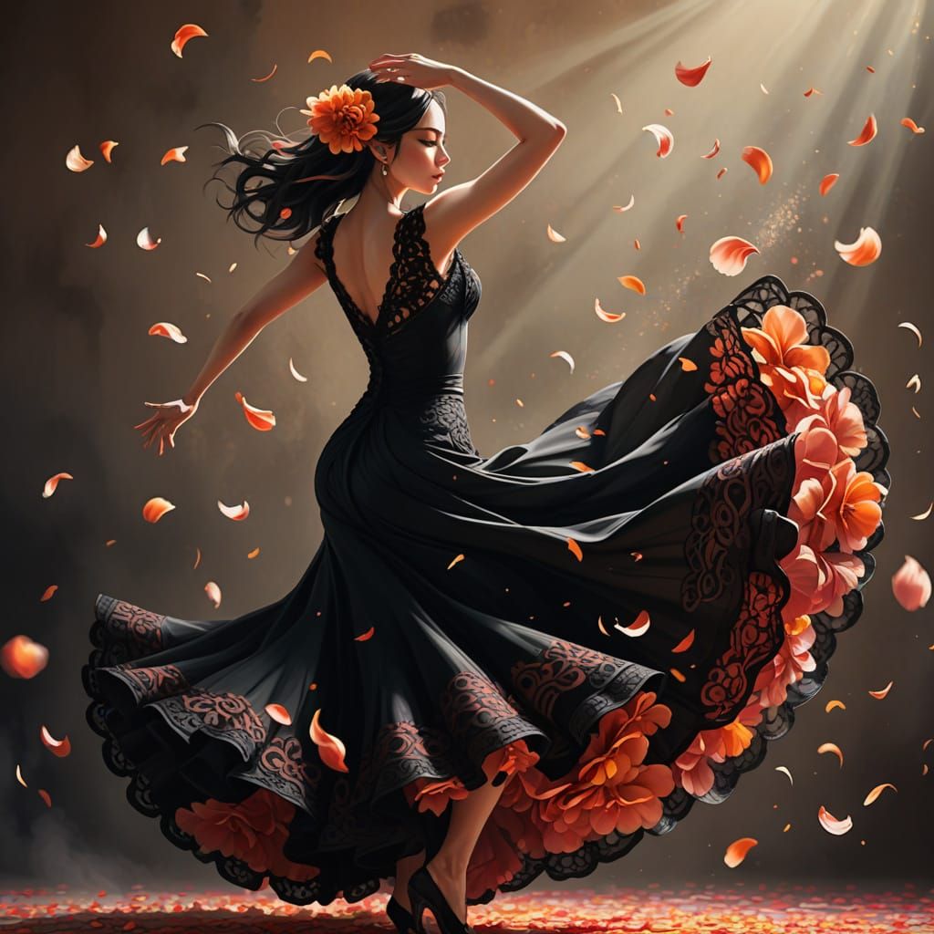 Anime Flamenco Dancer in Floral Whirlwind