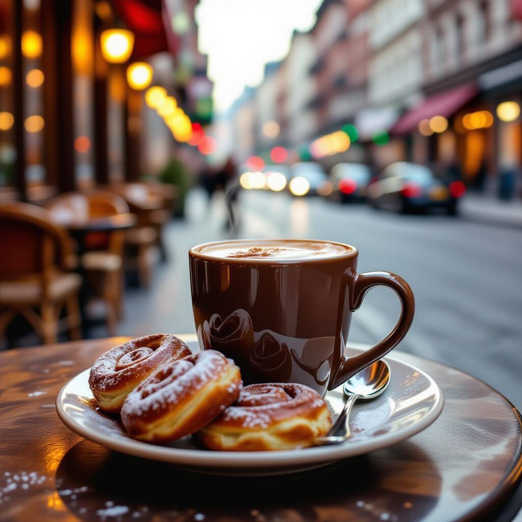 Cozy Hot Chocolate & Cinnamon Rolls on Bustling Street