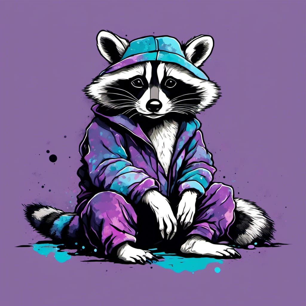 Tired Raccoon in Pajamas, Minimalist Line-Art