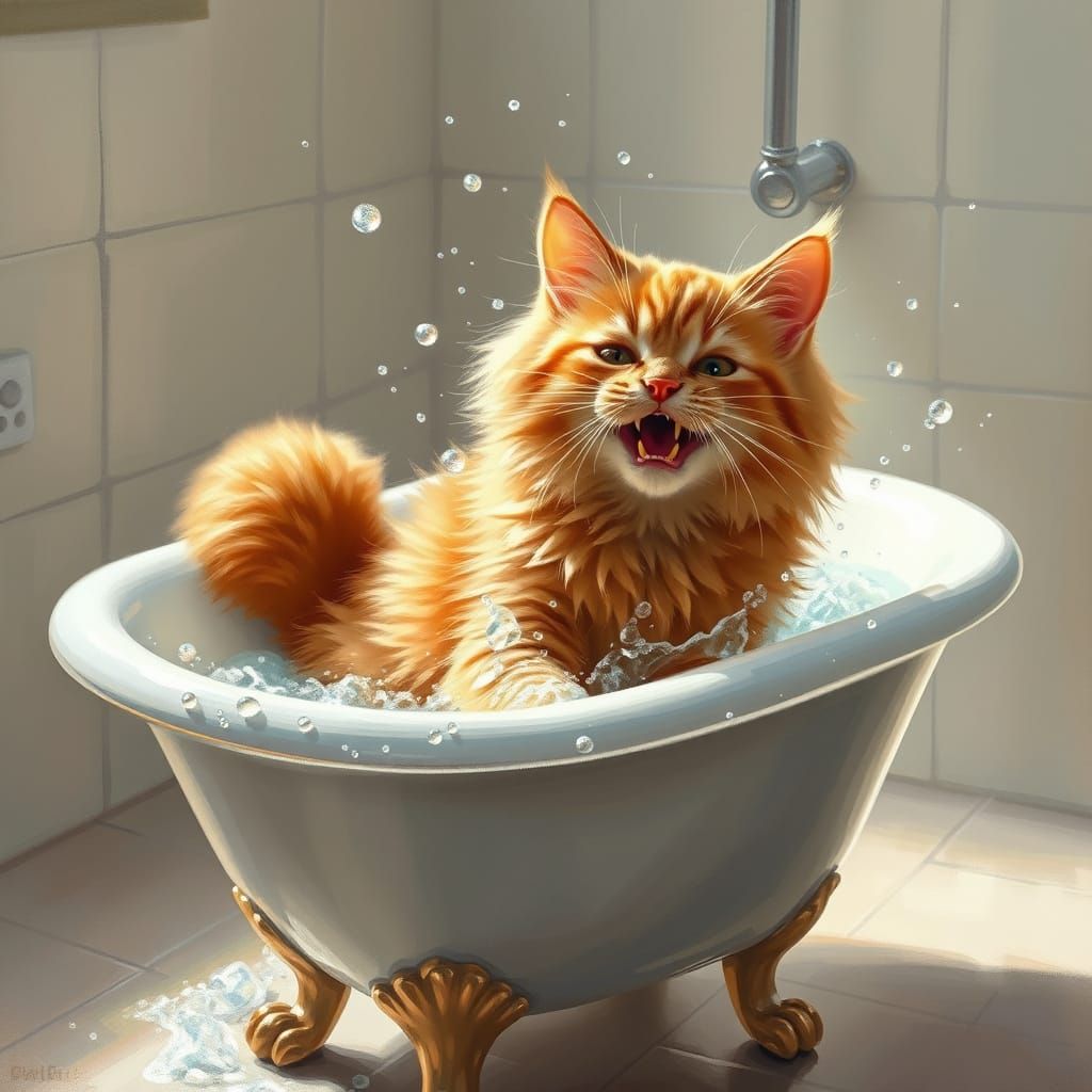 Fluffy Cat Splashing in Bubbly Bath, Impressionist Style