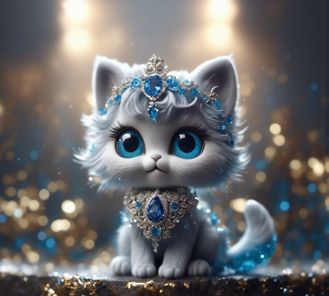 Silver Velvet Kitten with Sapphire Collar