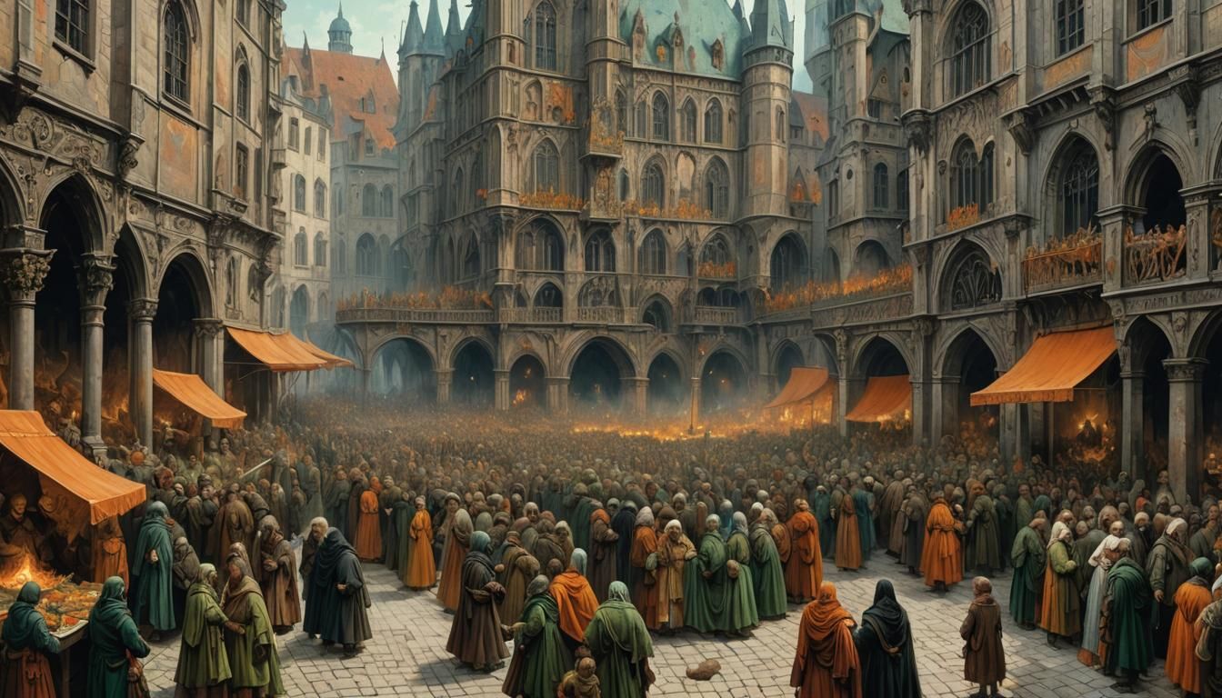 Medieval Marketplace in Varied Tones, Horror Illustration