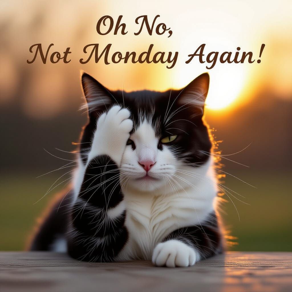 Black and White Cat's Monday Dread in Golden Hour Light