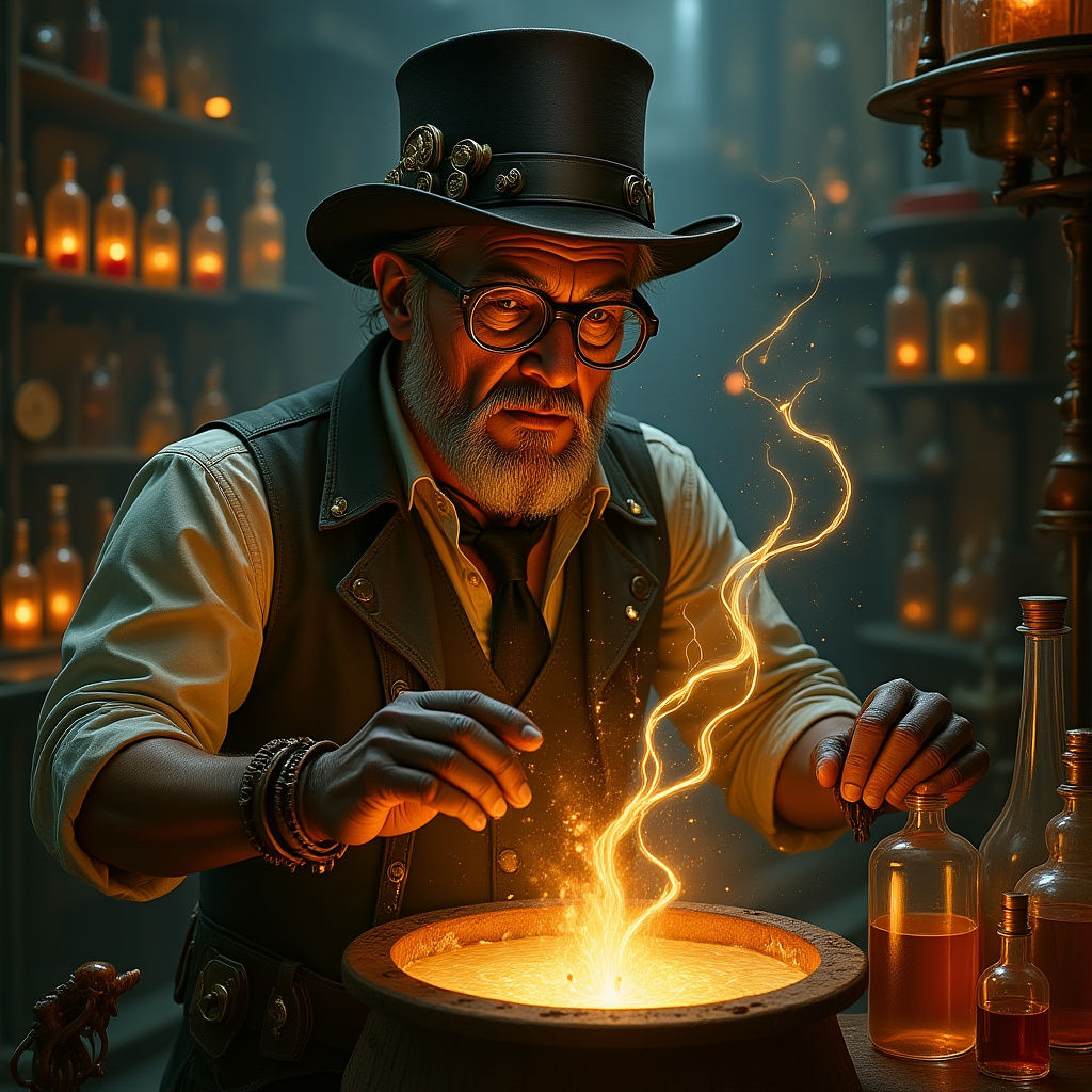 Steampunk Alchemist's Laboratory with Elemental Magic