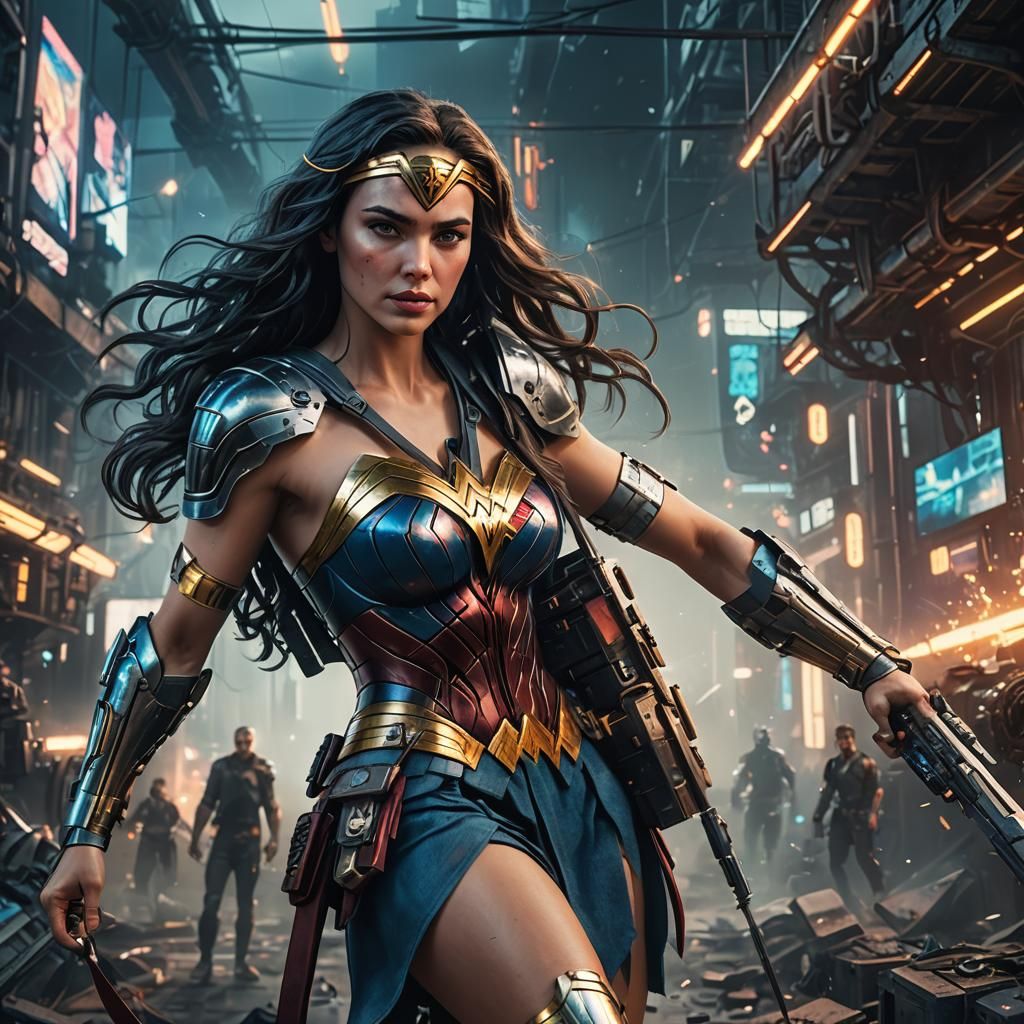 Cyberpunk Wonder Woman with Cybernetic Enhancements