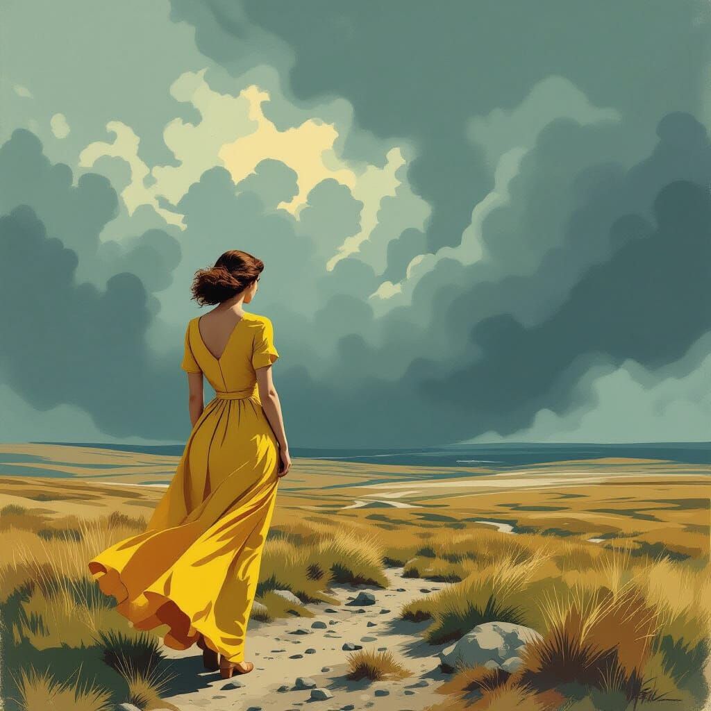 Woman Gazes at Stormy Sky on Windswept Moor in Vintage Style