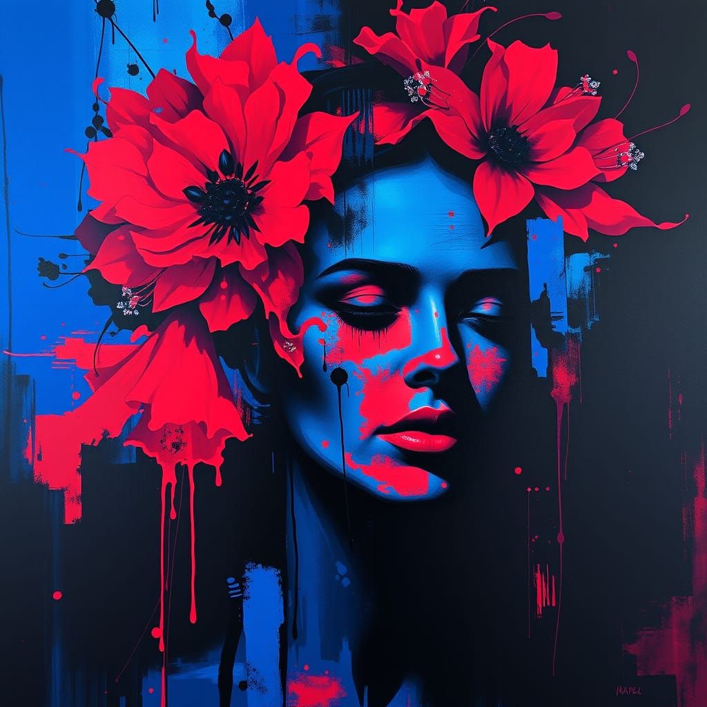 Bold, Expressive Mosaic of Cobalt Blue, Crimson, and Black