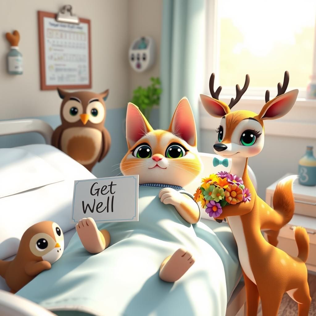 Cartoon Animals Visit Cat in Hospital: 3D Animation