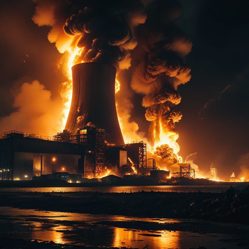Nuclear Plant Fire at Night: Cinematic Disaster Scene