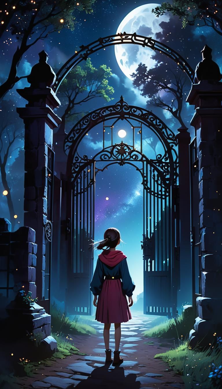 Ethereal Woman at Moonlit Gate: Dreamy Concept Art