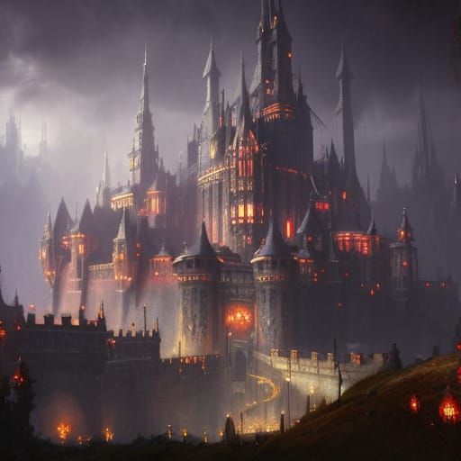Hyperdetailed Fantasy Castle Art in Purple and Yellow