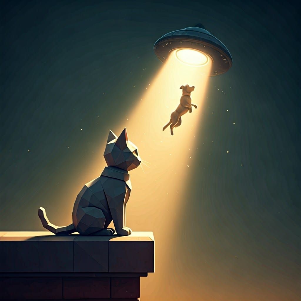 Cat Observes Dog Abduction in Watercolor Style